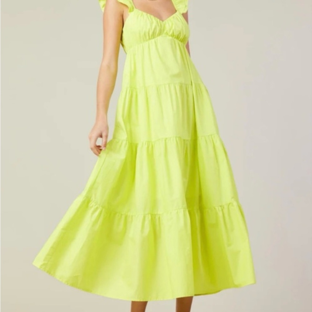 Skies Are Blue Lime Tiered Poplin Maxi Dress - Bright Lime